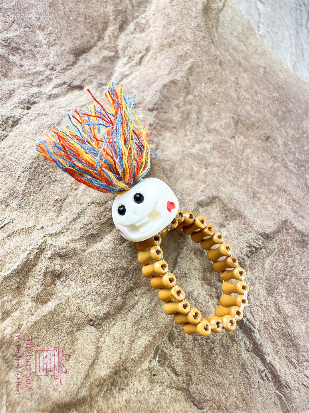 Blessing Jewelry Handcrafted Camel Bone Protection Ring with Bamboo-Shaped Beads and Joyful Face Charm