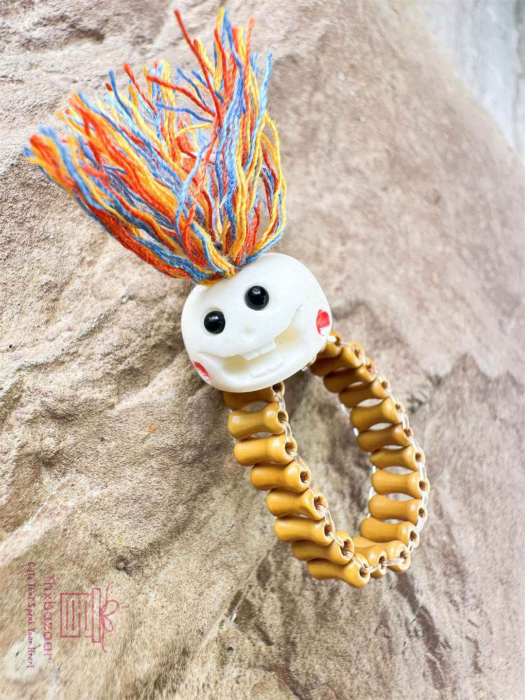 Blessing Jewelry Handcrafted Camel Bone Protection Ring with Bamboo-Shaped Beads and Joyful Face Charm