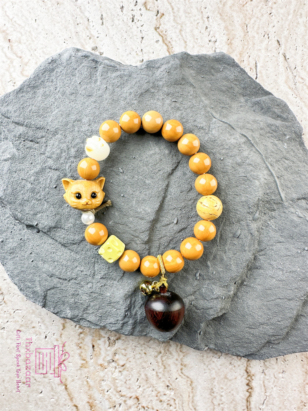 Blessing Jewelry Whimsical Bodhi Root and Camel Bone 'Curiosity Cat' Bracelet with Red Sandalwood Apple Charm