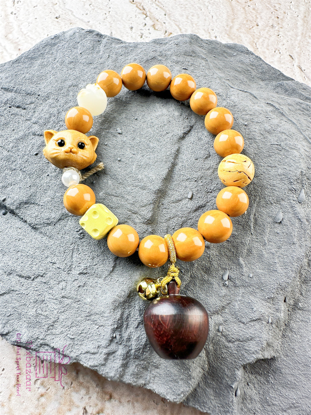 Blessing Jewelry Whimsical Bodhi Root and Camel Bone 'Curiosity Cat' Bracelet with Red Sandalwood Apple Charm