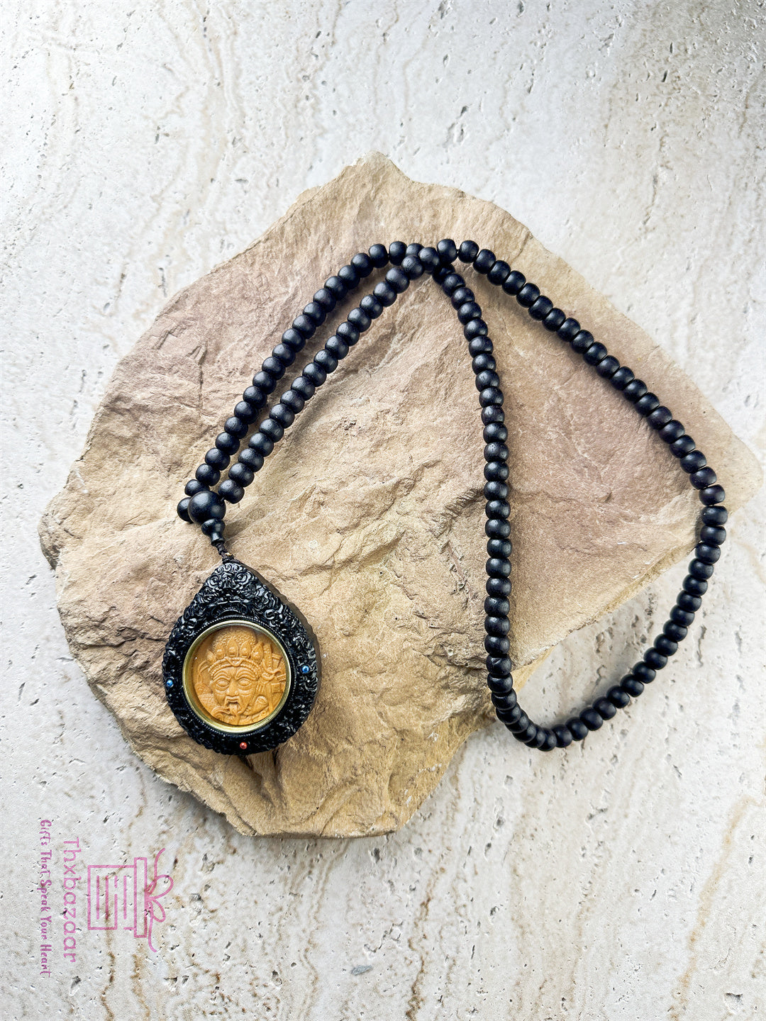 Blessing Jewelry Ebony and Yellow Rosewood Double-Sided Blessing Necklace with Drashi Lhamo Carving and Spinning Lucky Wheel