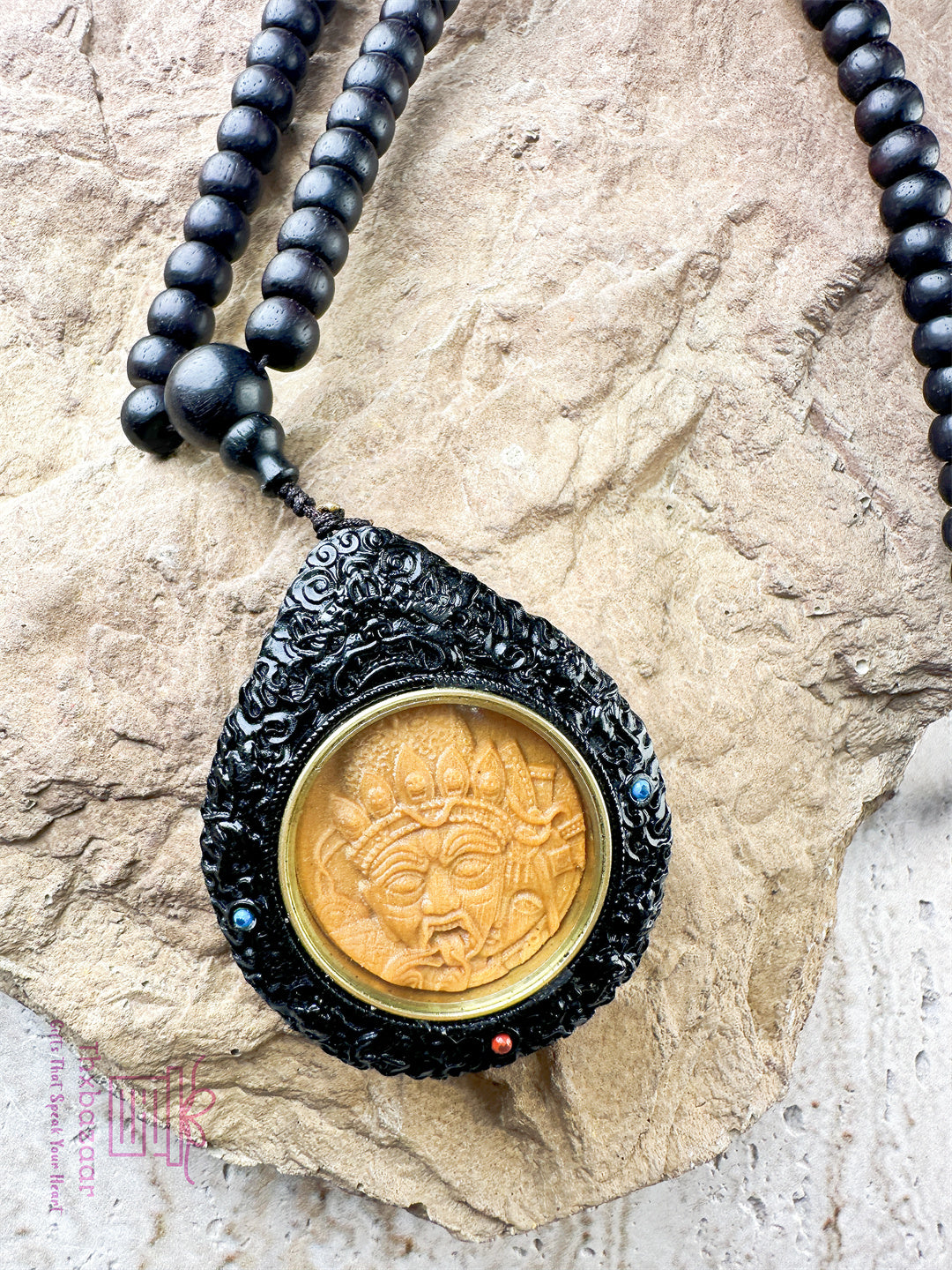 Blessing Jewelry Ebony and Yellow Rosewood Double-Sided Blessing Necklace with Drashi Lhamo Carving and Spinning Lucky Wheel