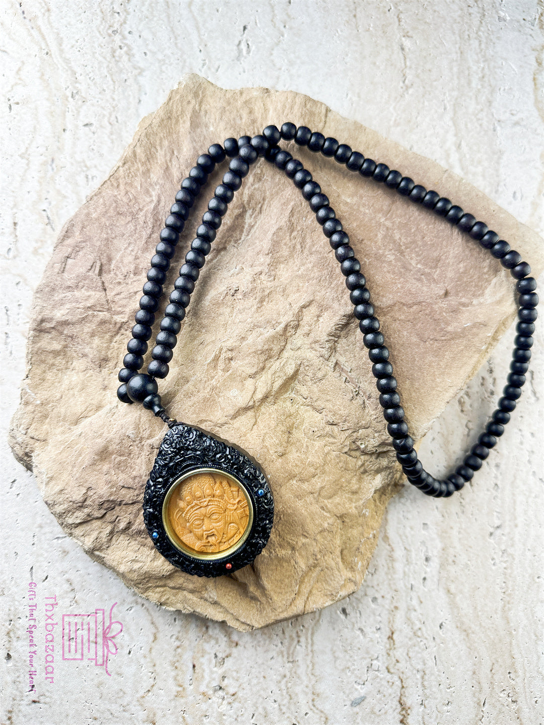 Blessing Jewelry Ebony and Yellow Rosewood Double-Sided Blessing Necklace with Drashi Lhamo Carving and Spinning Lucky Wheel